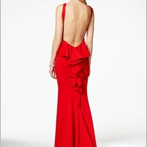Xscape Red Backless Formal Gown with Ruffled Back